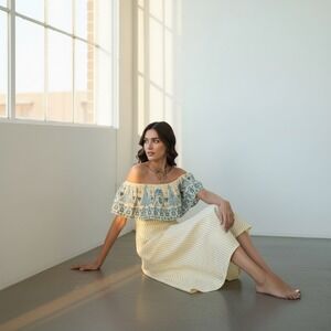 Global Desi Off Shoulder Midi Dress Medium Yellow Striped Teal Embroidered Boho